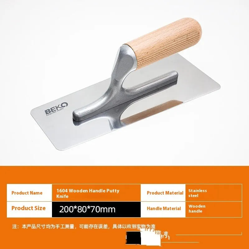 Stainless steel putty scraper with wooden handle for applying filler to walls and floors.