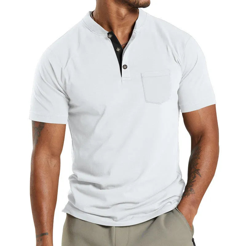Plus size man wearing a light khaki short sleeve polyester shirt with a button chest pocket.