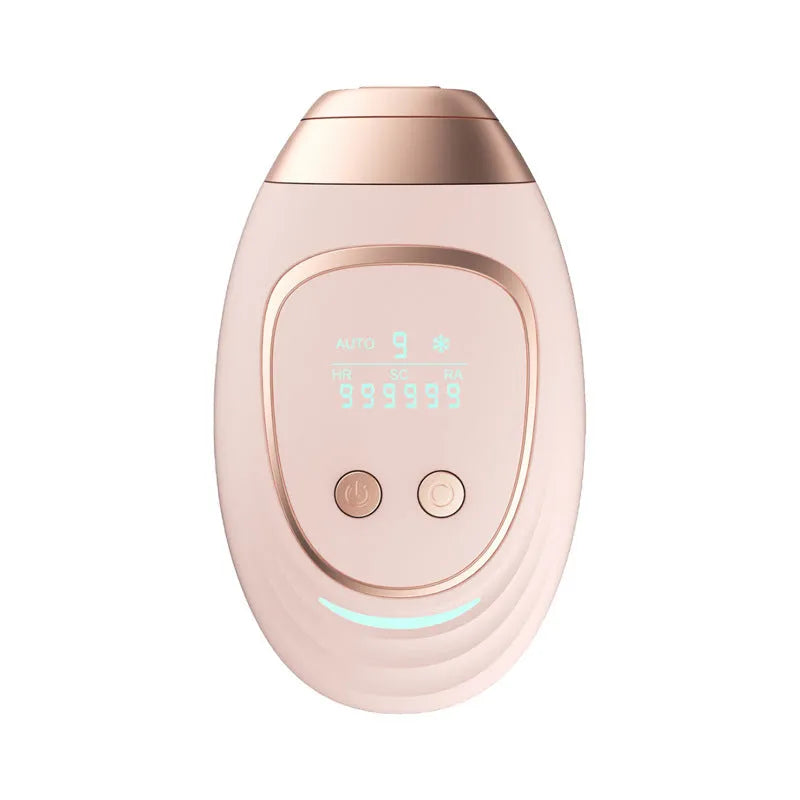 Three-in-one ice-sensing laser hair removal device in pink or white with shaver attachment and accessories