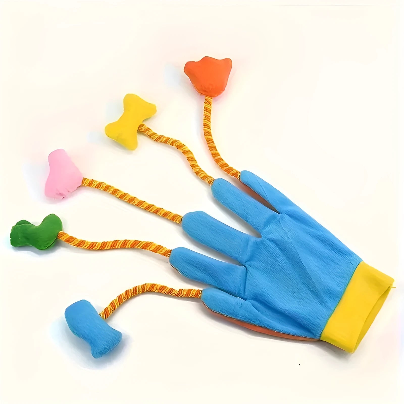 Yellow and blue plush cat toy with a bell and magic glove handle on a plain background.
