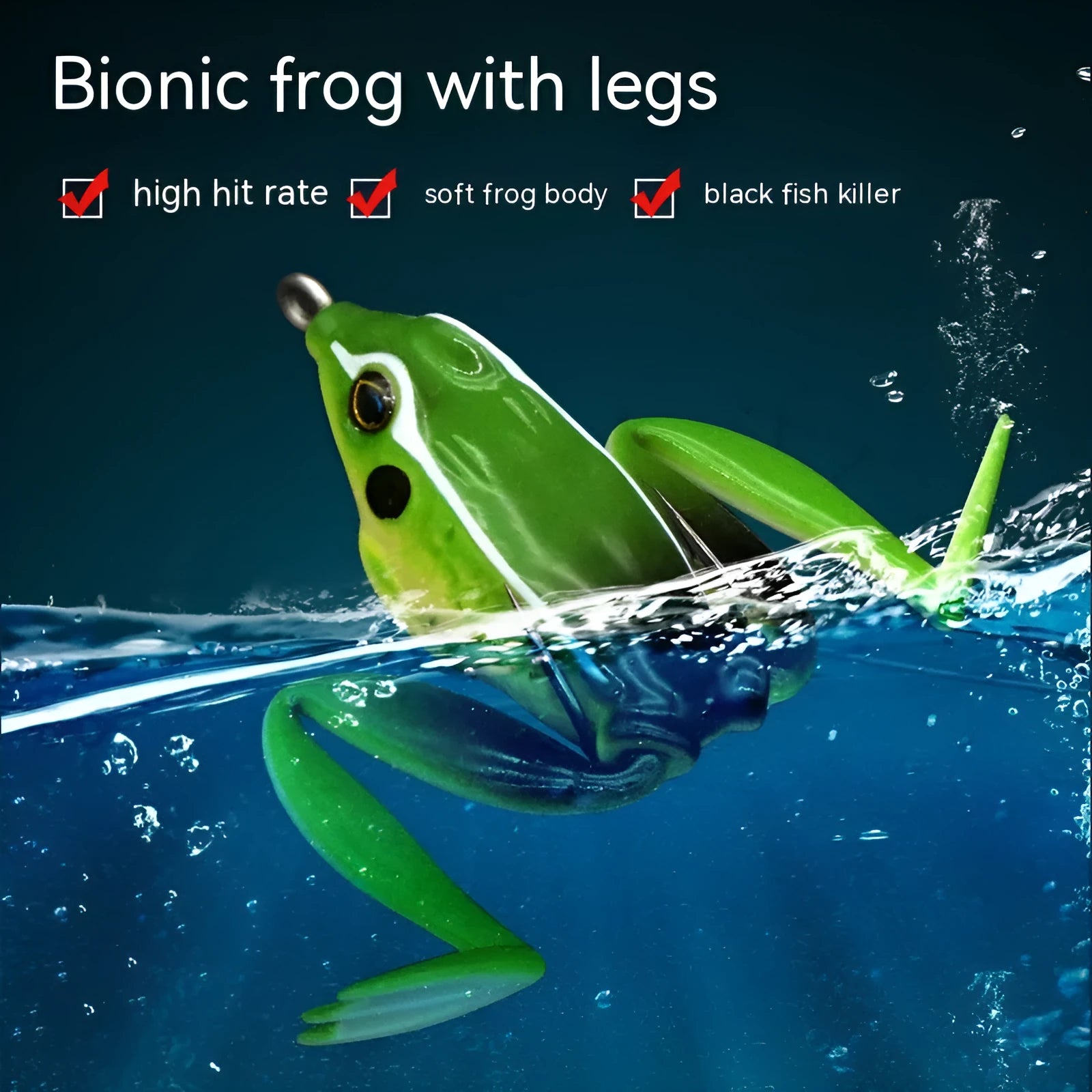 Bionic thunder frog snake head fishing lure in grass green with black yellow dots pattern and double hooks