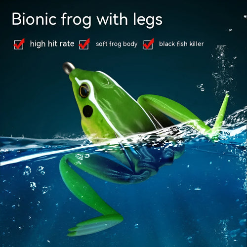 Bionic thunder frog snake head fishing lure in grass green with black yellow dots pattern and double hooks