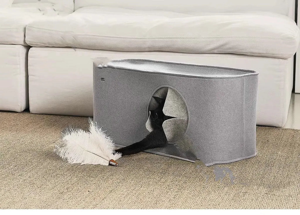 Khaki coloured foldable felt cat nest bed shown next to a grey one, demonstrating the two size options available.