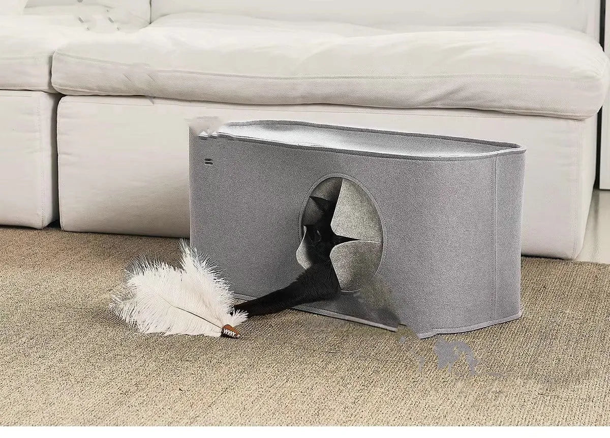 Khaki coloured foldable felt cat nest bed shown next to a grey one, demonstrating the two size options available.