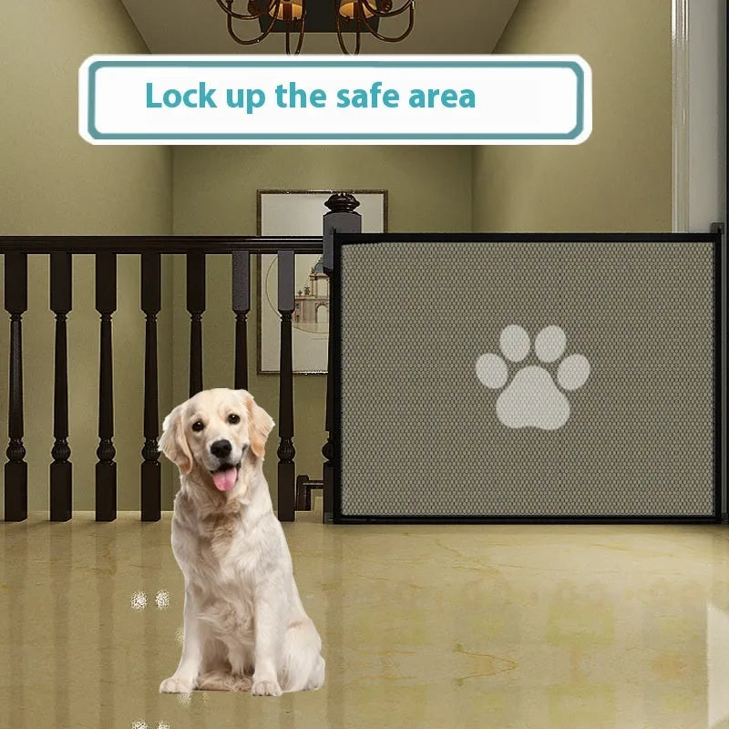 Folding pet barrier safety net with plastic rods showing dog footprint design in black or white colour options