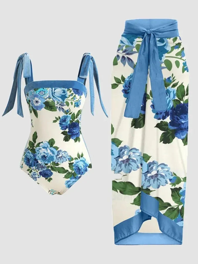 Women's floral print chiffon swimsuit with matching skirt for swimming