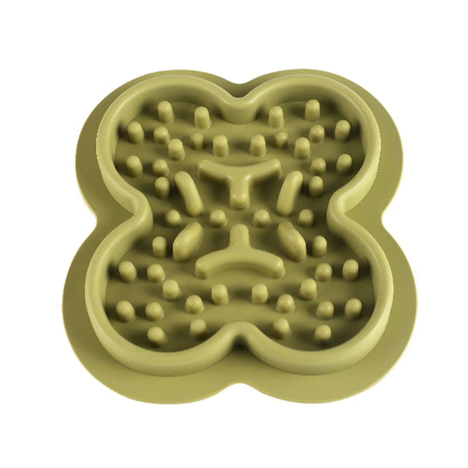 Silicone pet licking pad slow feeder mat in various colours on a floor