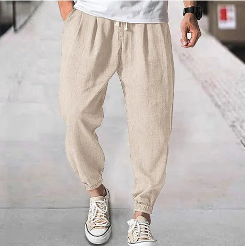 Men's casual cotton trousers in loose ankle-band fit for summer wear