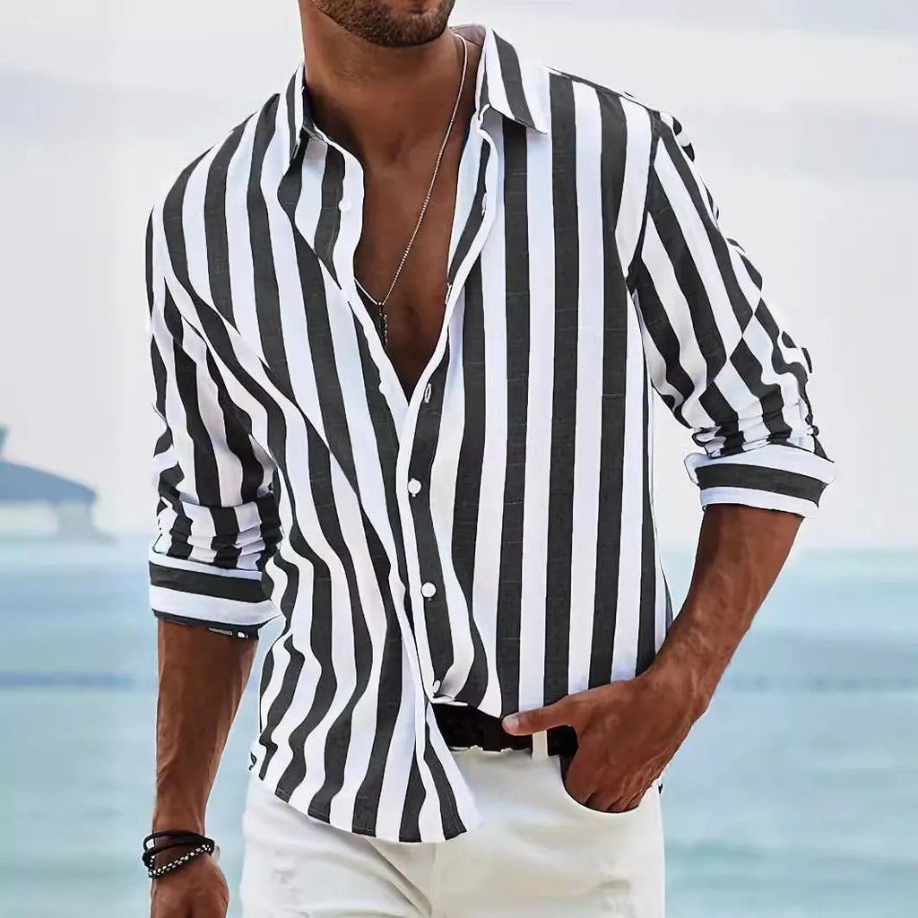 Men's yarn-dyed striped loose long-sleeved shirt in British style polyester fabric
