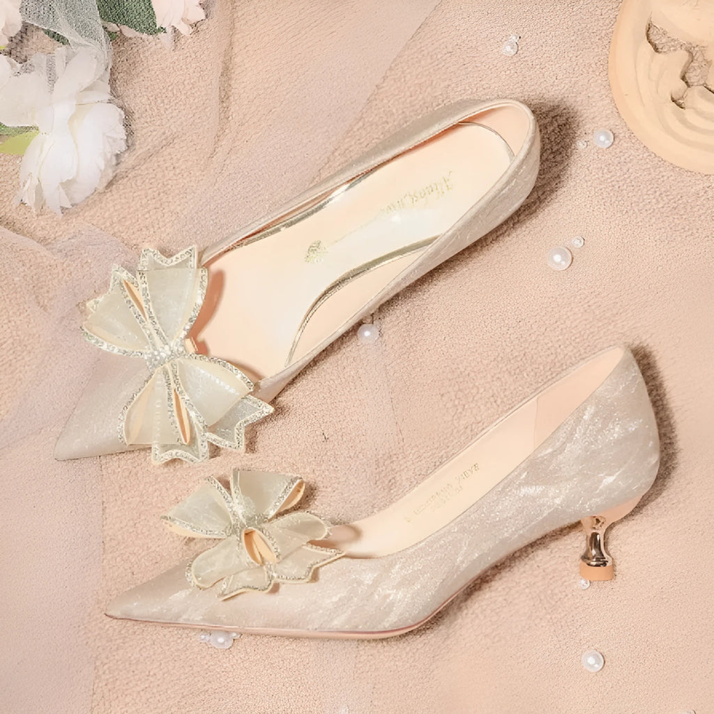 Champagne gold crystal sequined stiletto heel pumps with pointed toe for wedding banquets