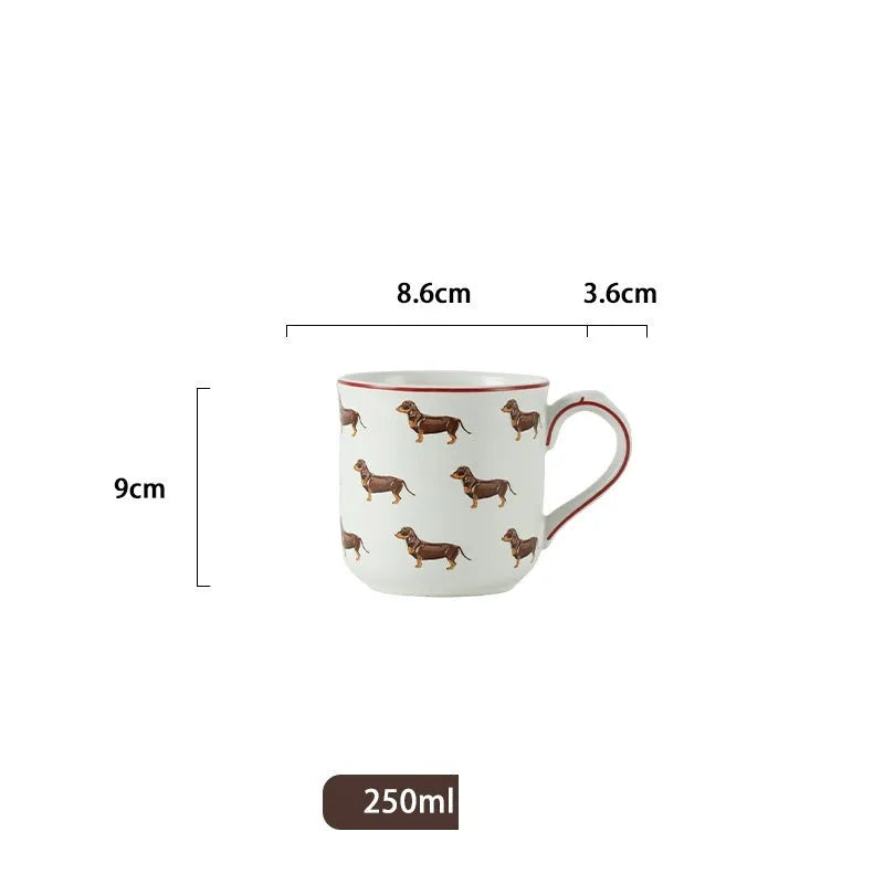 Ceramic sausage dog teapot mug cup and saucer three-piece set on table