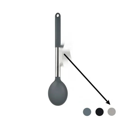 12-piece silicone kitchenware set with rotating storage bucket showing utensils in black, dark grey or khaki colours