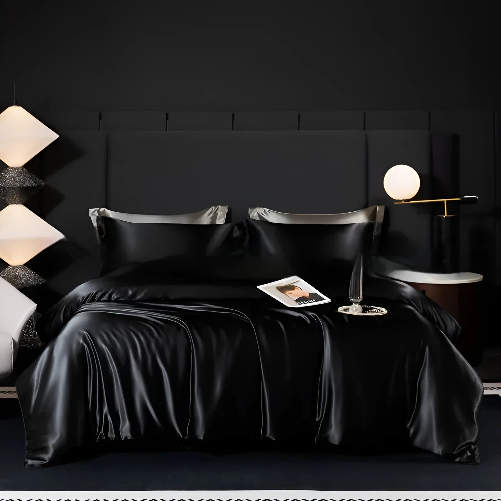 Silk bed sheet four-piece set in solid colours showing multiple size options for household bedding