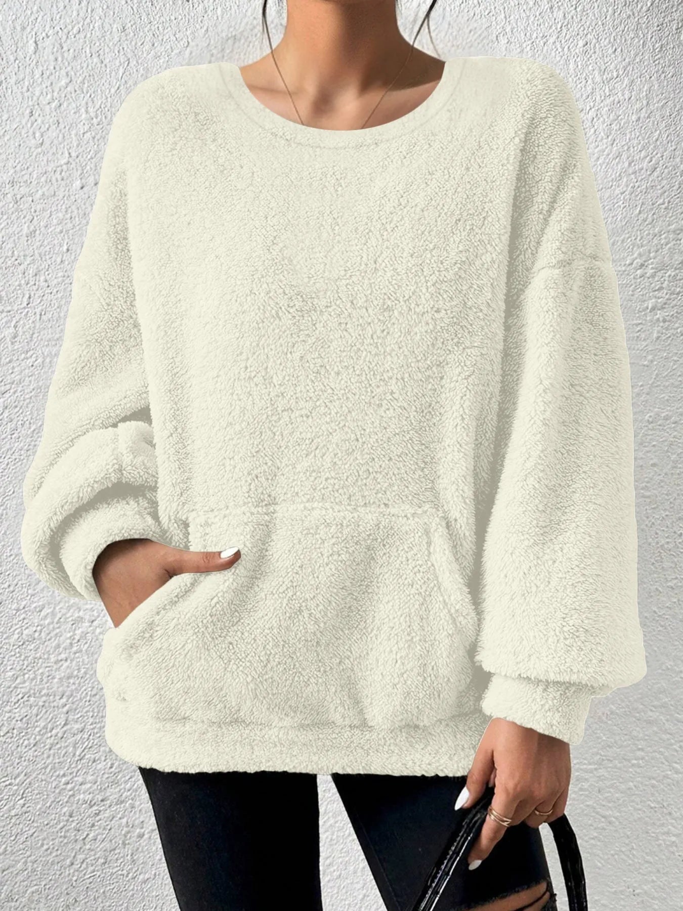 Fashion solid colour round neck long sleeve pullover loose fit polyester top in milky white, black, orange red, sky blue, olive green, dark brown