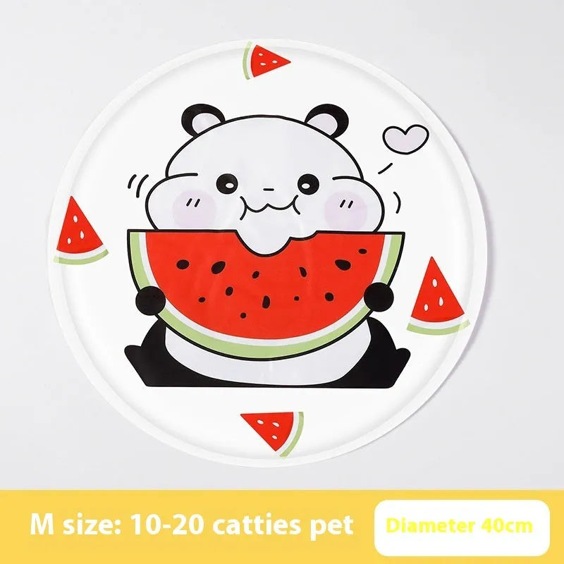 Round pet cooling ice pad with cartoon corgi design on blue background, showing 50cm diameter size.