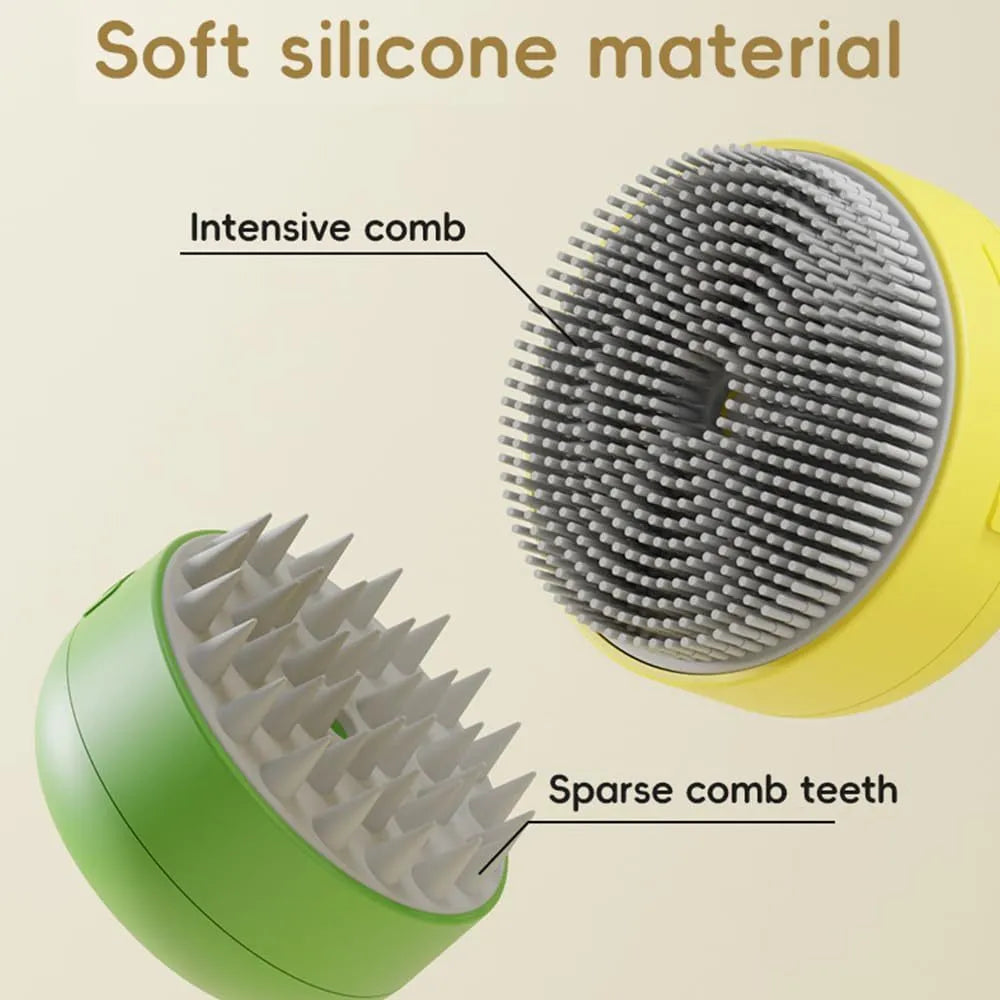 Green rechargeable cat steam brush with silicone bristles on a table.