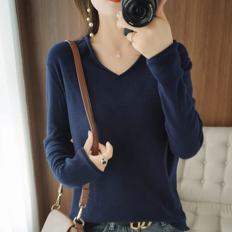 Women's V-neck long sleeve knitwear pullover top in turmeric colour with non-ironing process