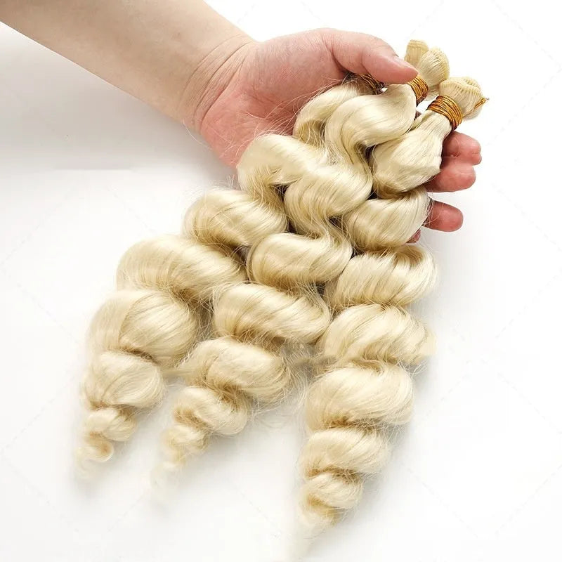 Golden synthetic hair weft wig showing length options on mannequin head