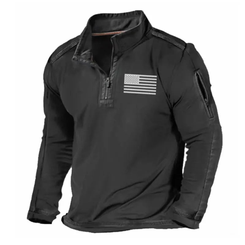 Men's grey zip-up sweater with a stand collar and long sleeves on a hanger.
