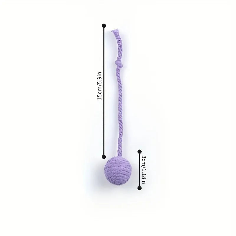 Colourful cat toy ball with rope and built-in bell available in green pink purple yellow for kittens