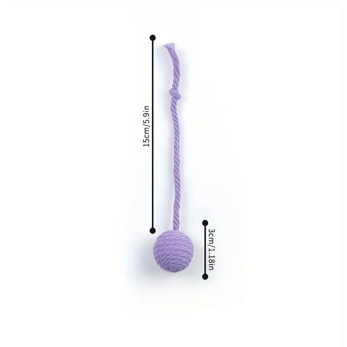 Colourful cat toy ball with rope and built-in bell available in green pink purple yellow for kittens