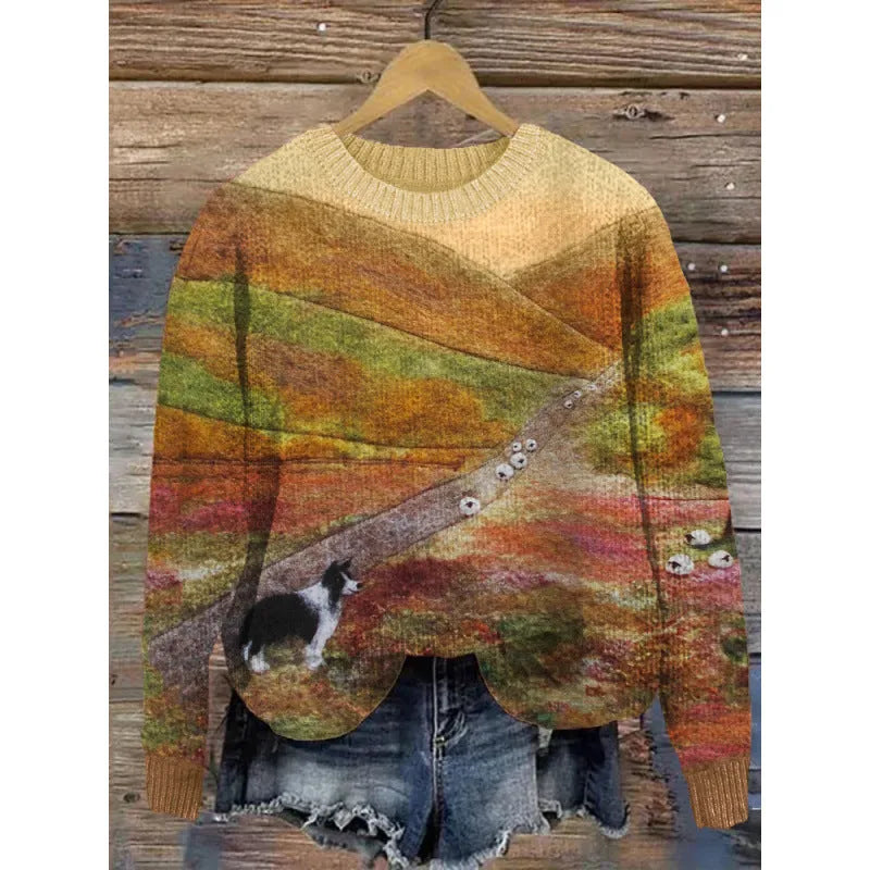 Little flower digital print on a round neck polyester sweater, shown on a hanger.