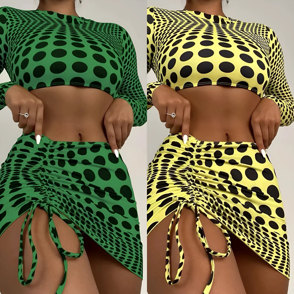 Women's green polka dot swimsuit three-piece set with matching top and skirt