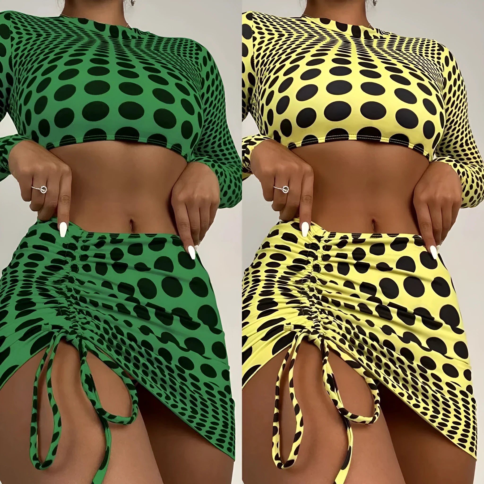 Women's green polka dot swimsuit three-piece set with matching top and skirt