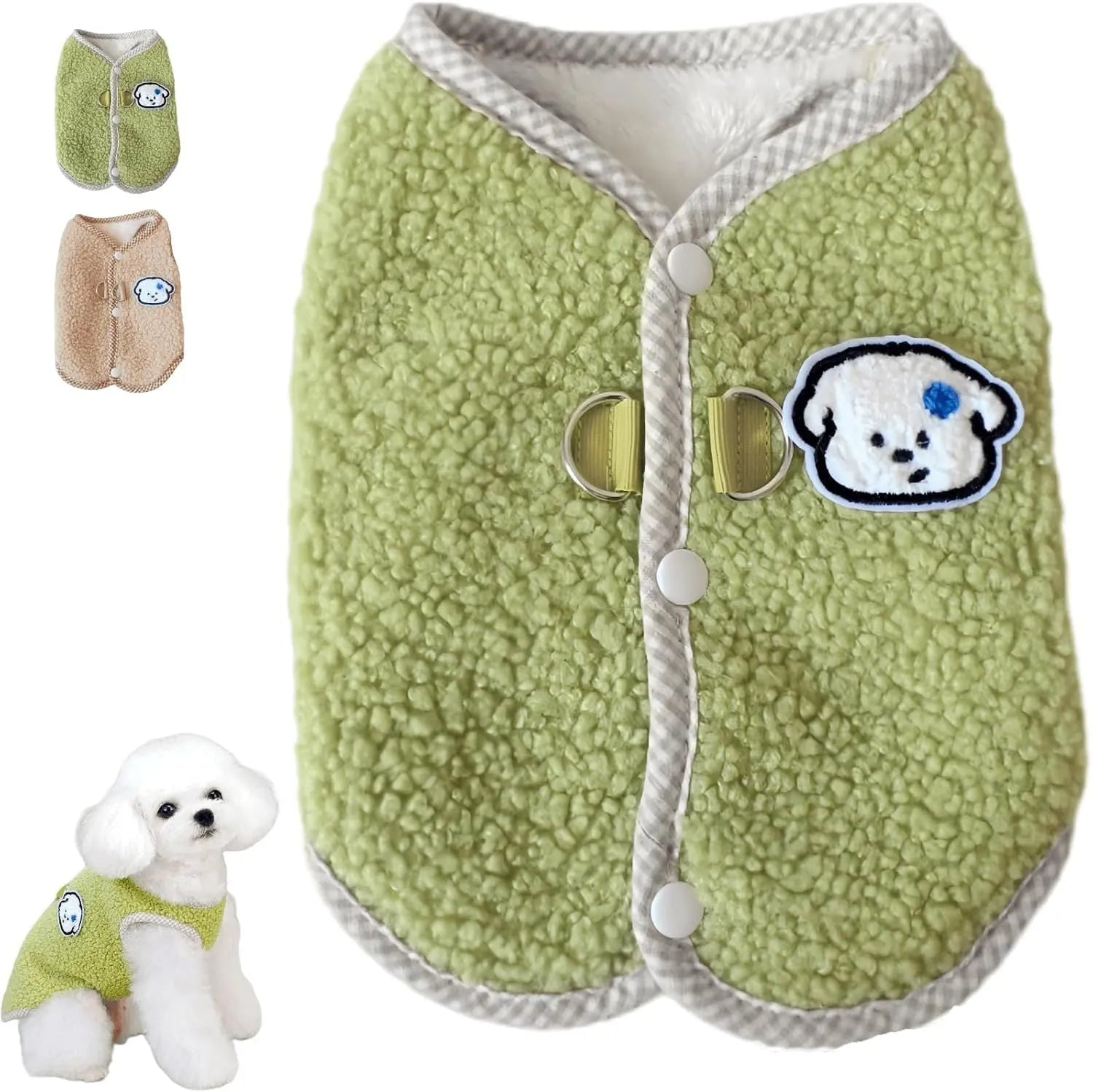 Coral fleece dog sweatshirt vest with leash ring in green colour for small pets