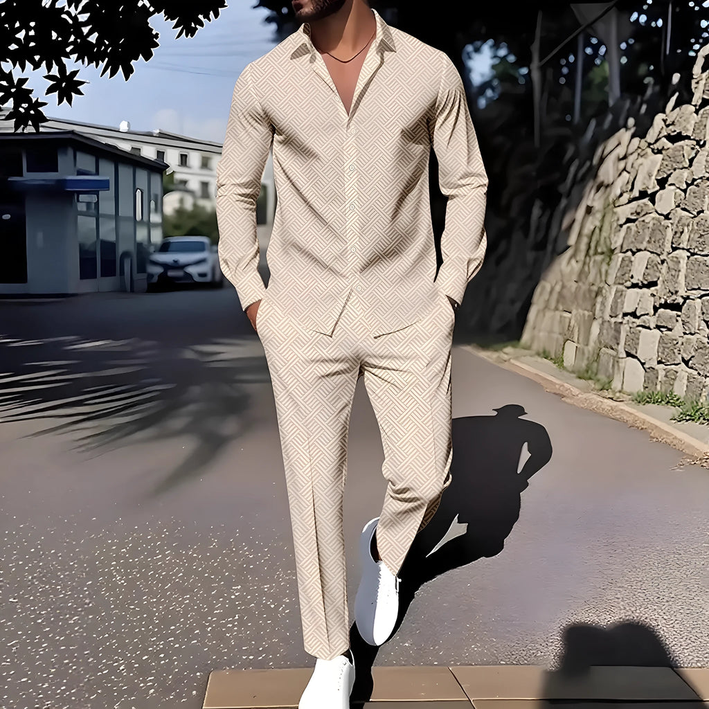 Men's plaid square grain print suit set with shirt and trousers in apricot colour on model