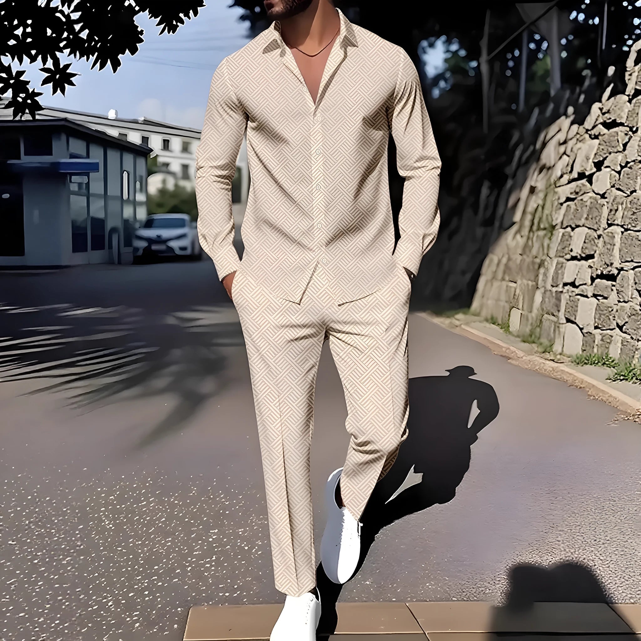 Men's plaid square grain print suit set with shirt and trousers in apricot colour on model