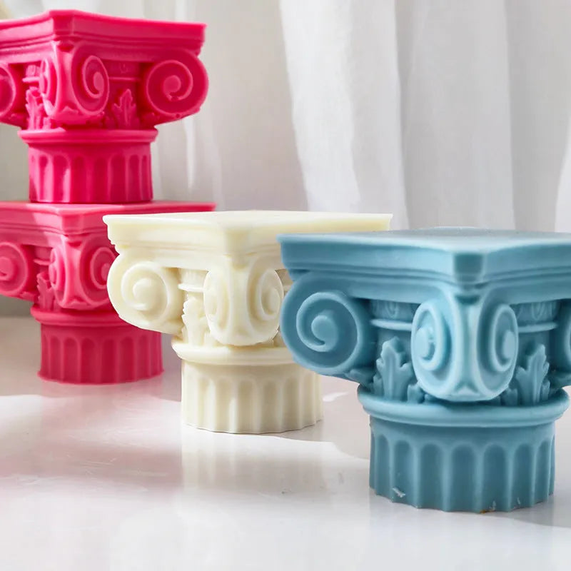 A flexible silicone mould for making irregular Roman pillar shaped candles, cakes, and crafts.