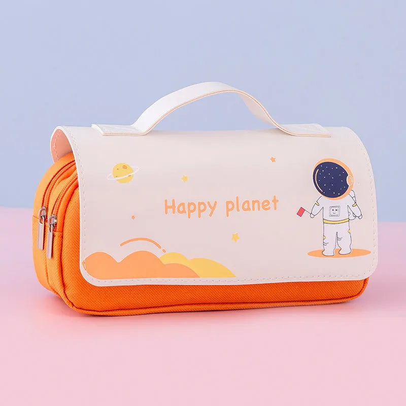 Large-capacity canvas flip pencil case with hand-painted cartoon planet pattern in blue, 21x10cm, square shape