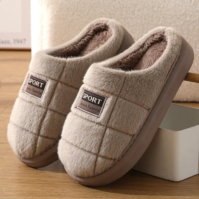 Men's plaid rabbit hair slippers with thick sole, shown in brown and grey colour options