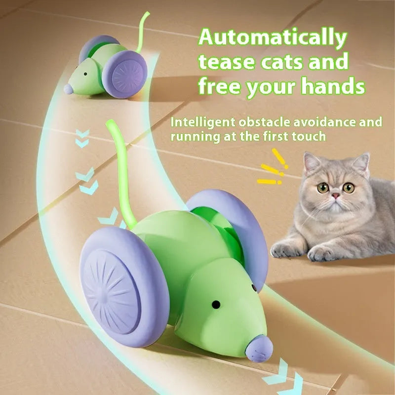 Interactive cat toy electric mouse car in green and white with obstacle avoidance on a living room floor