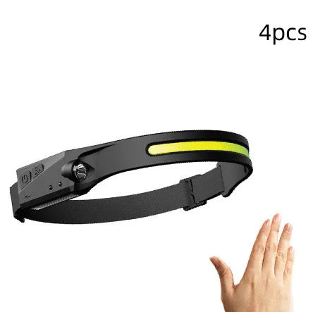 COB LED induction headlamp with wide beam and side LED for long-distance lighting, USB rechargeable, silicone build