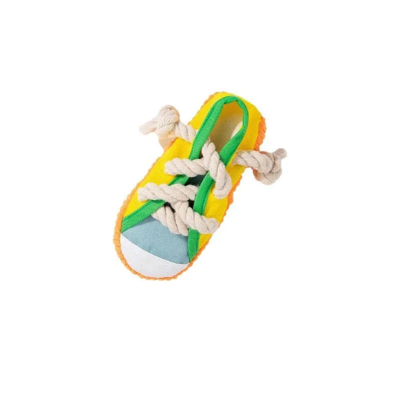Durable plastic dog chew toy with bends and a squeaker in yellow, black, or blue.
