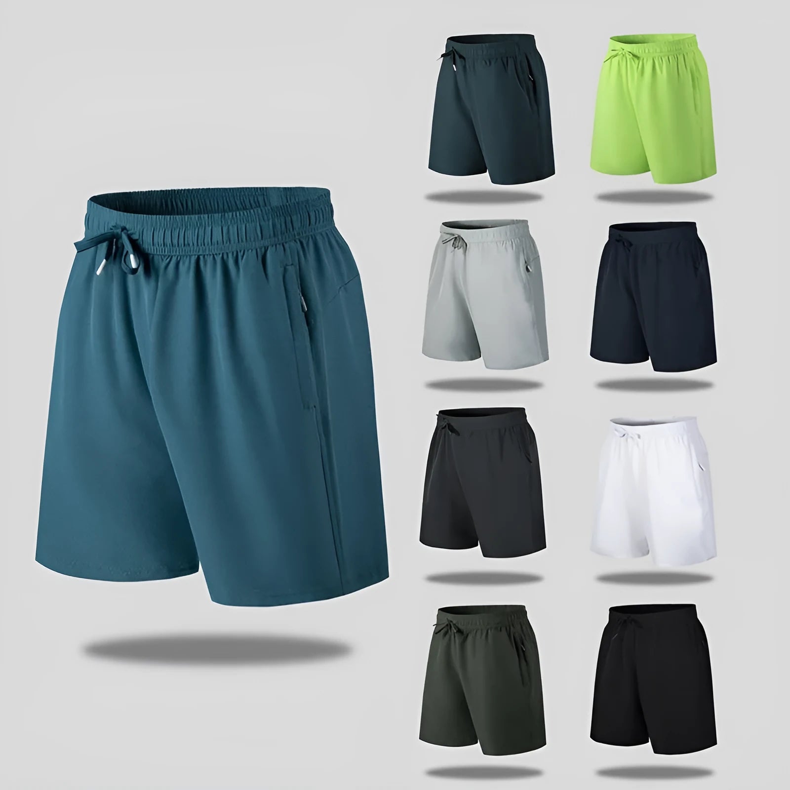 Man wearing loose-fit black quick-drying polyester beach shorts with a micro-elastic waistband.