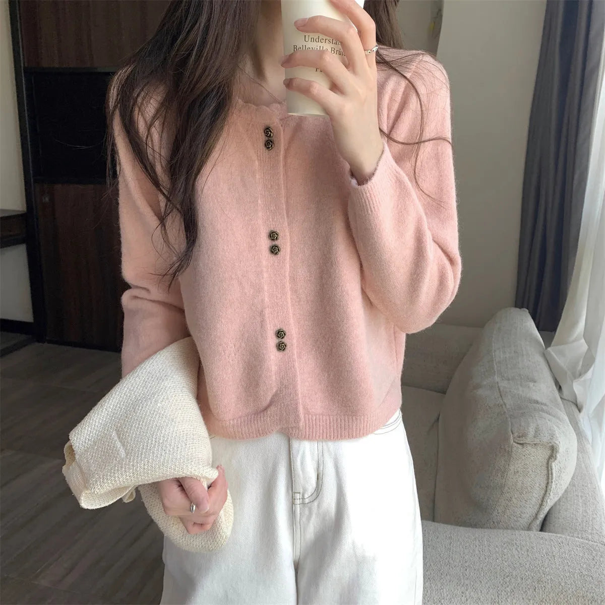 Women's acrylic fibre cardigan with long sleeves in multiple colour options