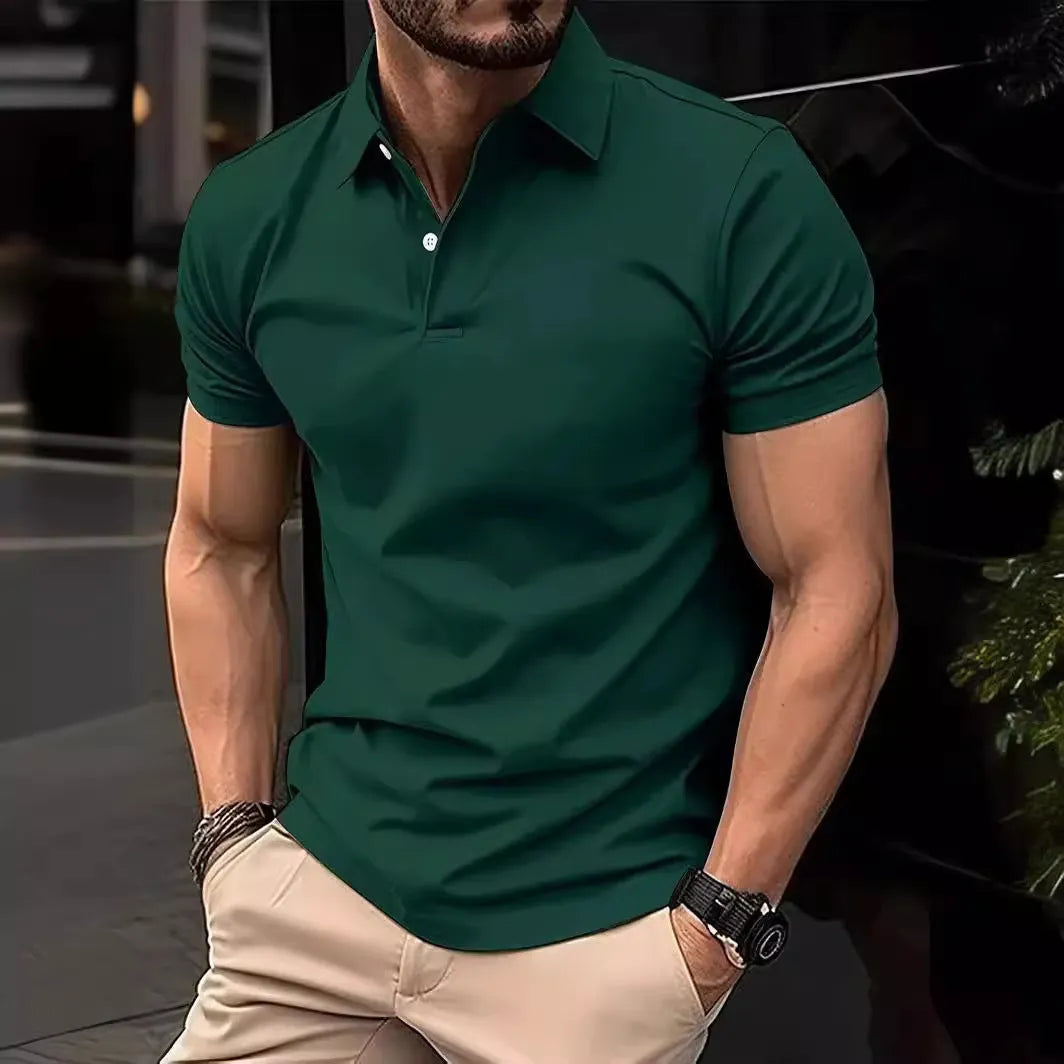 Men's slim fit button-front short sleeve casual shirt in a solid colour on a hanger.