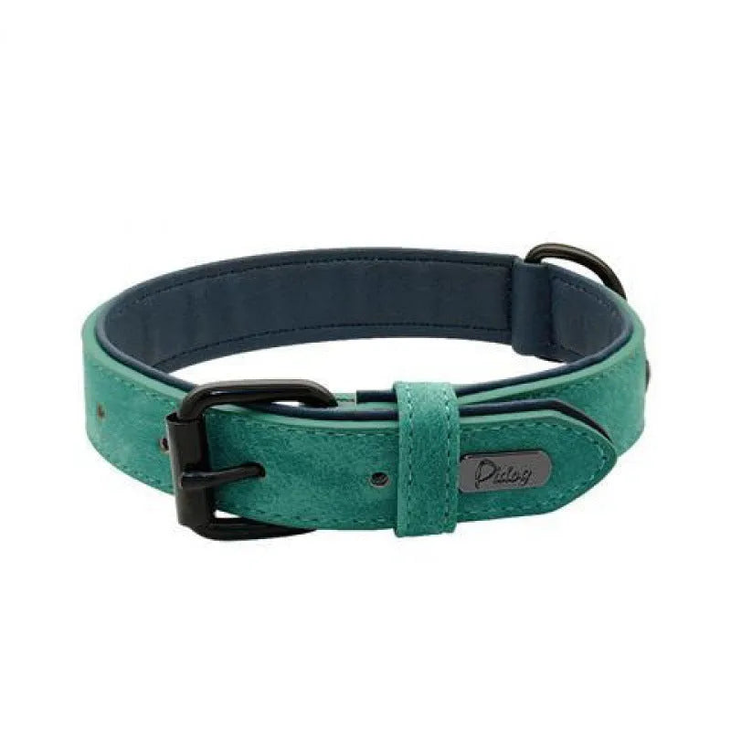 Adjustable dog collar on a white background showing PU front and microfiber back, in a choice of five colours.