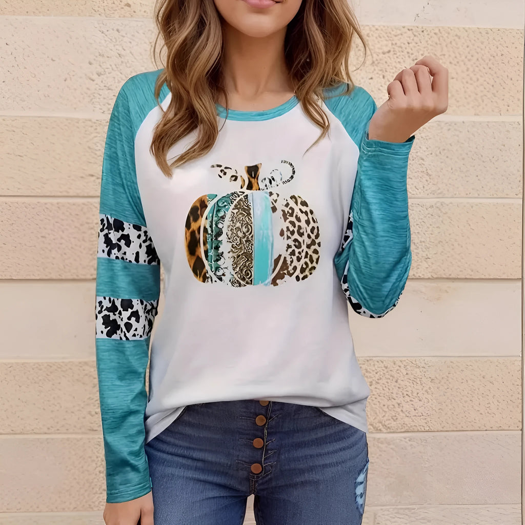 Sky blue Halloween pumpkin 3D printed casual T-shirt with long sleeves