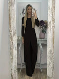 Casual loose-fit two-piece set with a round neck long sleeve top and matching trousers in khaki colour.