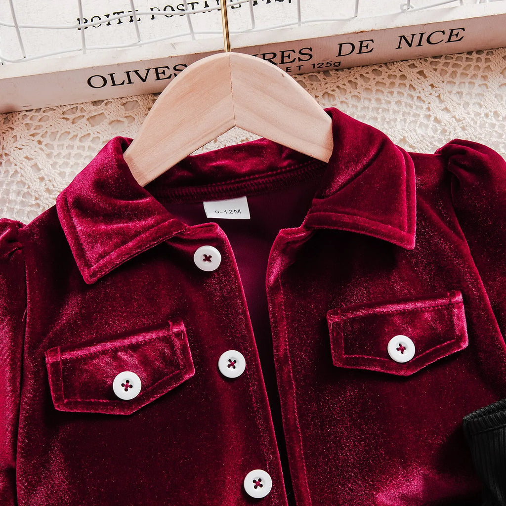 Baby girl red strapless dress with black mesh bow jacket and long pants polyester cotton
