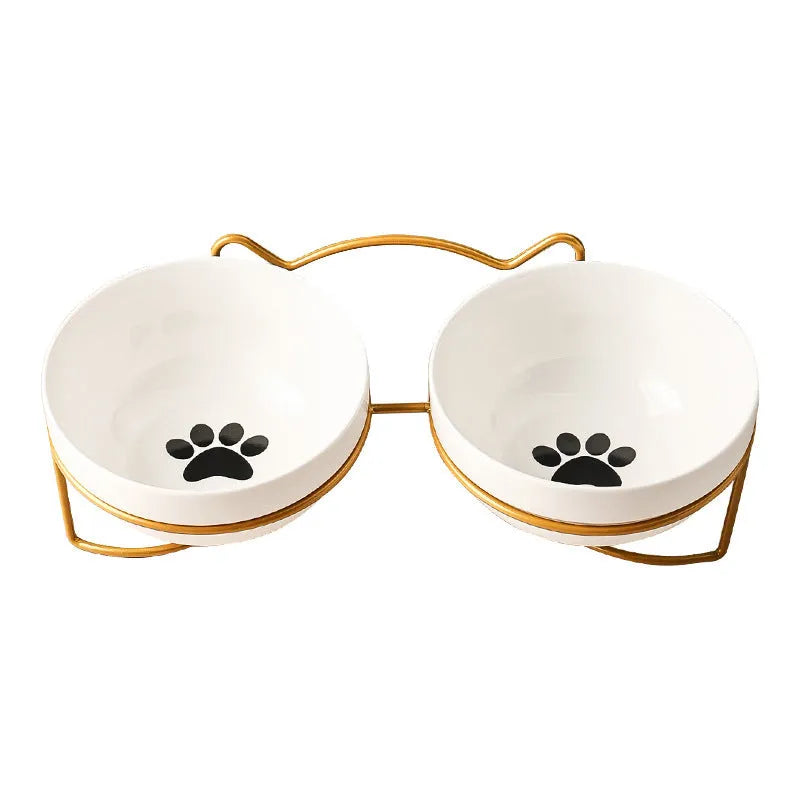 Ceramic cat bowl with iron stand in cat footprints or fishbone pattern design