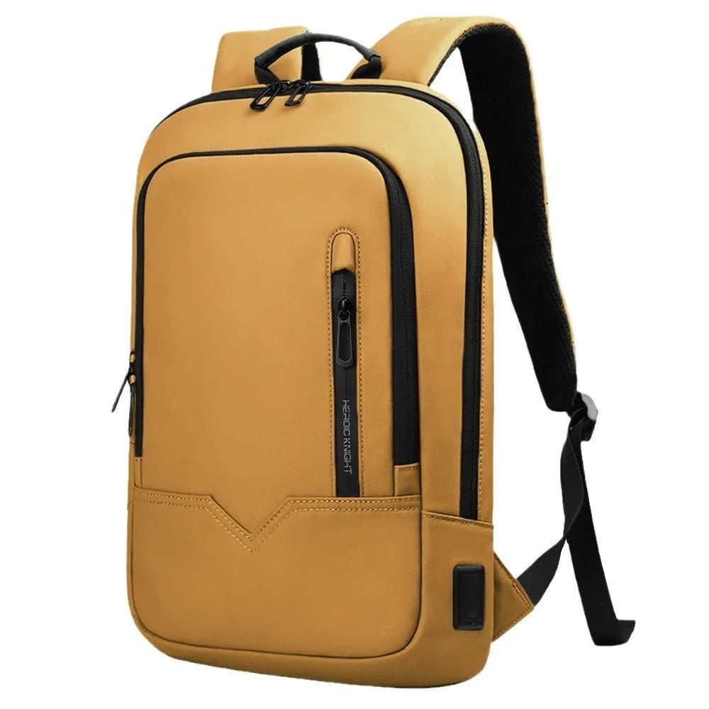 Solid colour polyester laptop backpack with USB charging port shown in olive green.