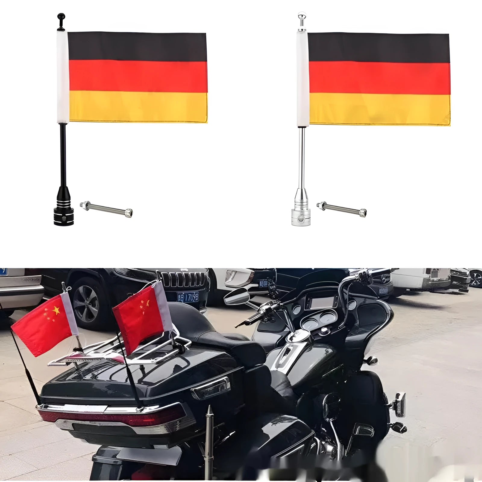 Black and silver aluminium motorcycle flagpole for mounting on luggage racks and top boxes.