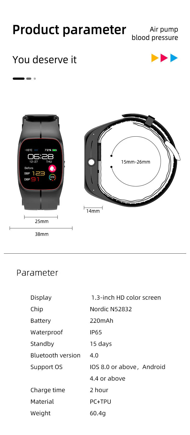 P20 Smart Watch in black showing health monitoring functions on TFT screen