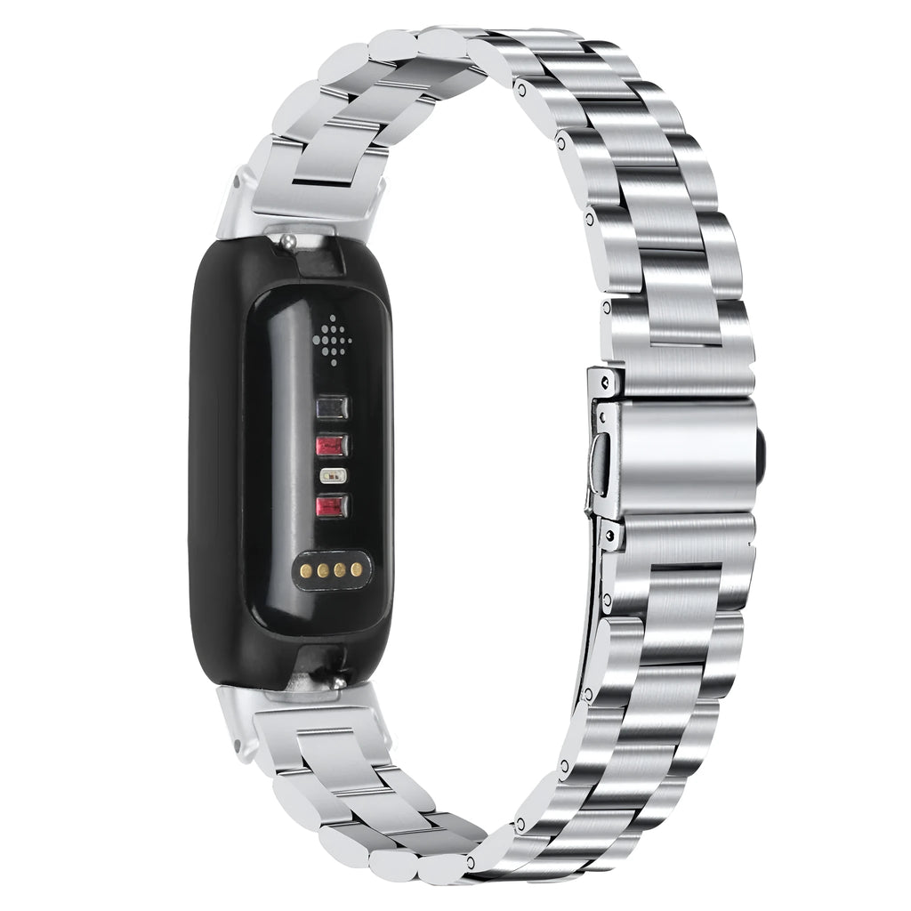 Stainless steel watch strap for Fitbit Inspire 3 tracker in multiple colour options on a grey background.