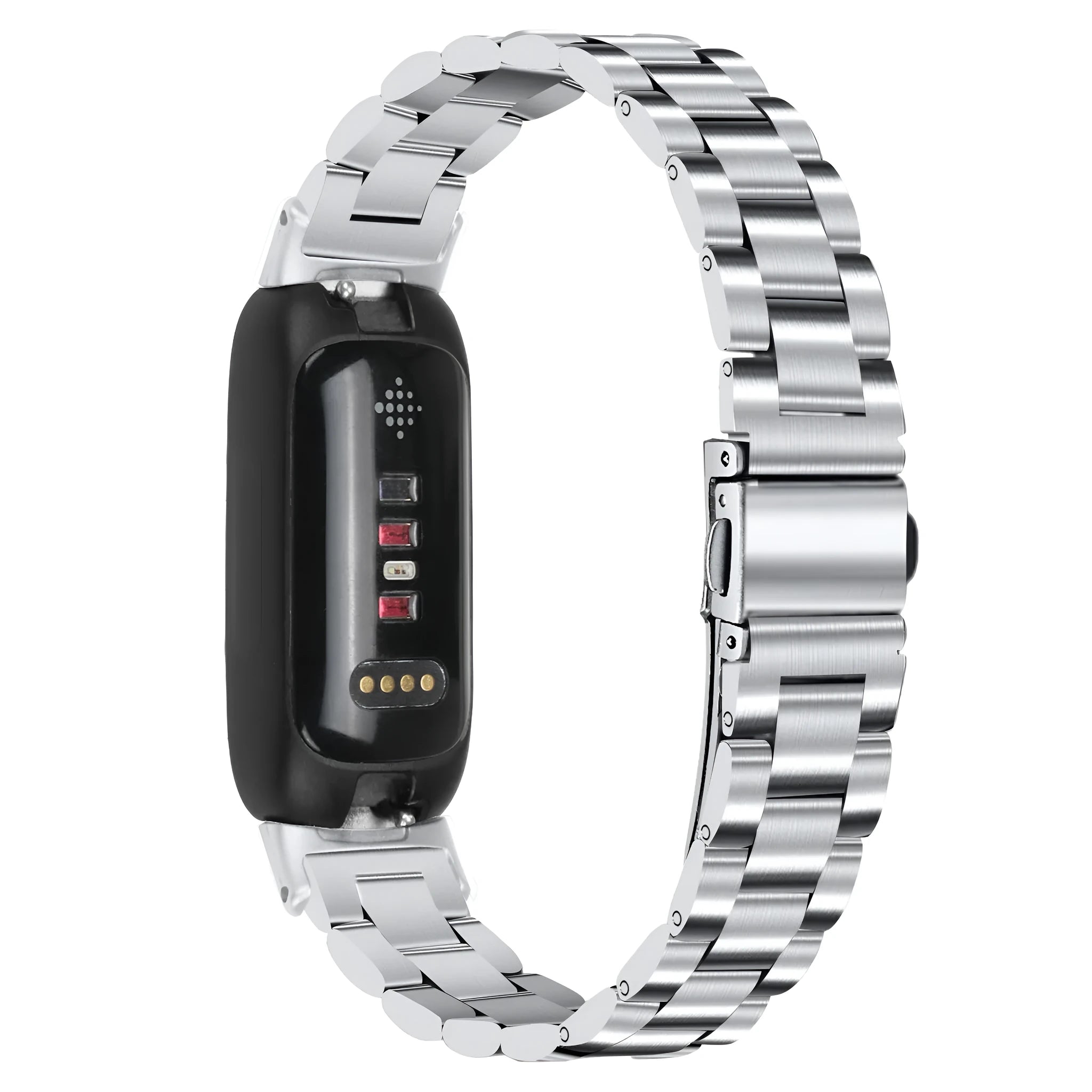 Stainless steel watch strap for Fitbit Inspire 3 tracker in multiple colour options on a grey background.